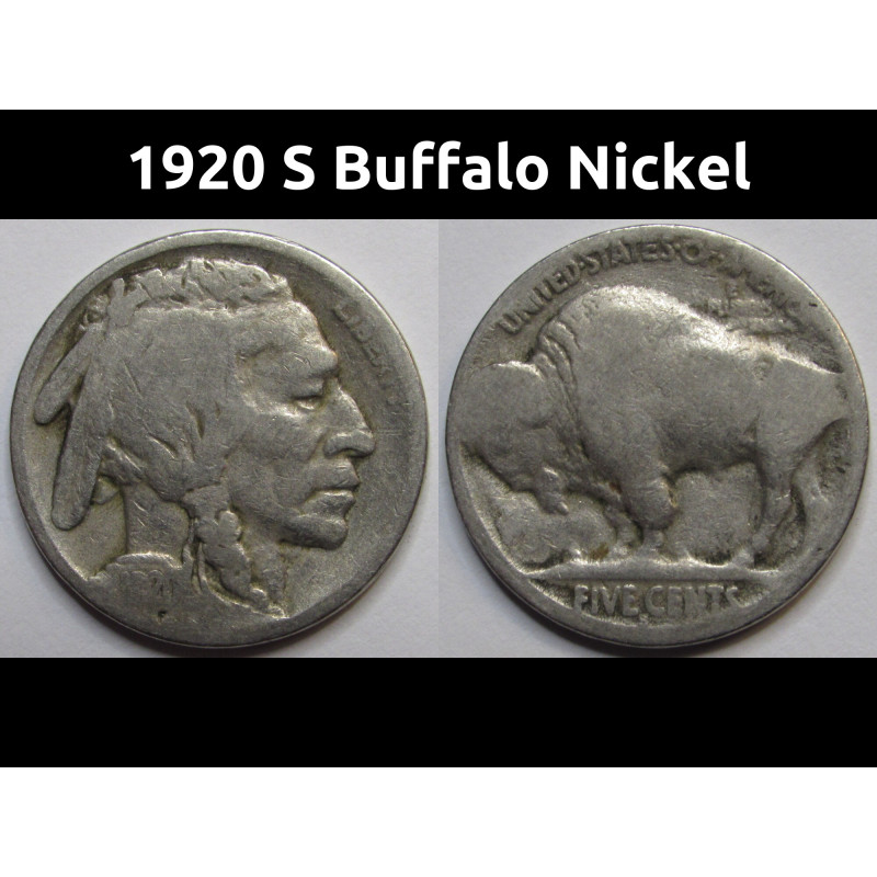 1920 S Buffalo Nickel - antique San Francisco mintmark American Indian coin