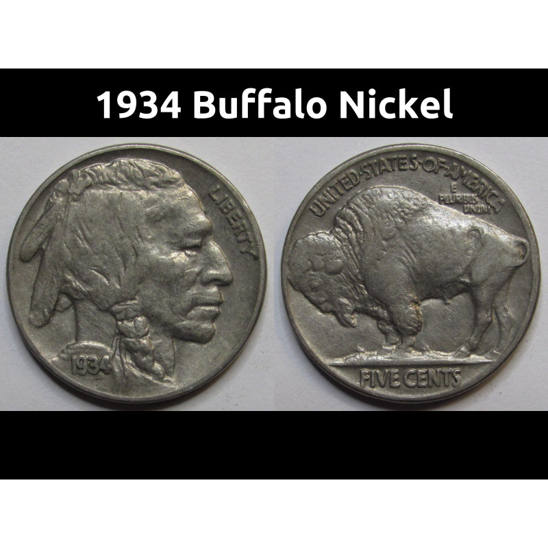 1934 Buffalo Nickel - antique hhigher grade American Indian five cent coin