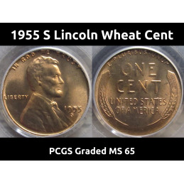 1955 S Lincoln Wheat Cent - PCGS Graded MS 65 RD - with cud error