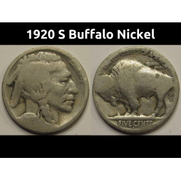 1920 S Buffalo Nickel - antique San Francisco mintmark American buffalo coin