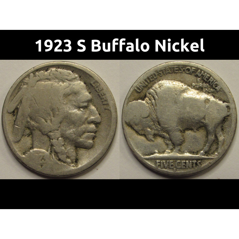 1923 S Buffalo Nickel - antique San Francisco mintmark bison coin 1923 S Buffalo Nickel - antique San Francisco mintmark bison coin