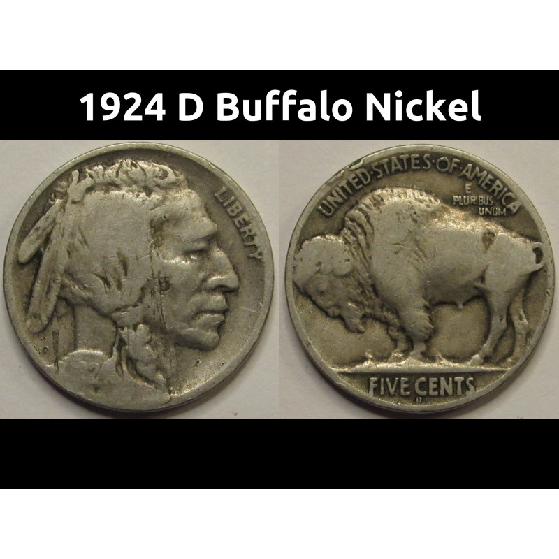 1924 D Buffalo Nickel - antique Denver mintmark American bison coin 1924 D Buffalo Nickel - antique Denver mintmark American bison coin