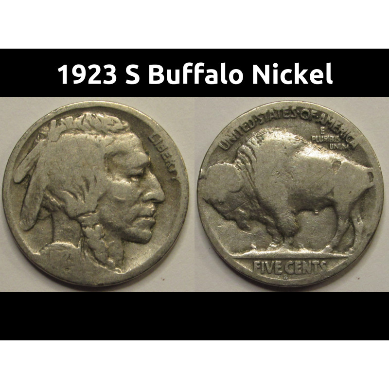1923 S Buffalo Nickel - antique San Francisco mintmark five cent coin 1923 S Buffalo Nickel - antique San Francisco mintmark five cent coin