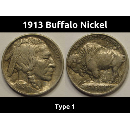 1913 Buffalo Nickel - Type 1 - higher grade raised mound design antique five cent coin