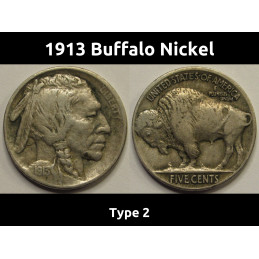1913 Buffalo Nickel - Type 2 - recessed design antique five cent coin