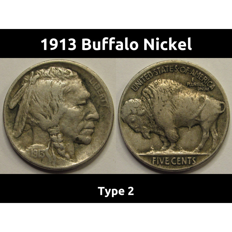 1913 Buffalo Nickel - Type 2 - recessed design antique five cent coin 1913 Buffalo Nickel - Type 2 - recessed design antique five cent coin