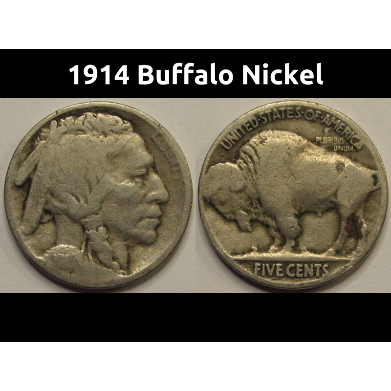 1914 Buffalo Nickel - antique early date American five cent coin 1914 Buffalo Nickel - antique early date American five cent coin