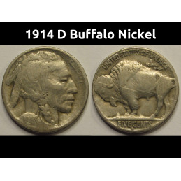 1914 D Buffalo Nickel - antique key date Denver mintmark five cent coin