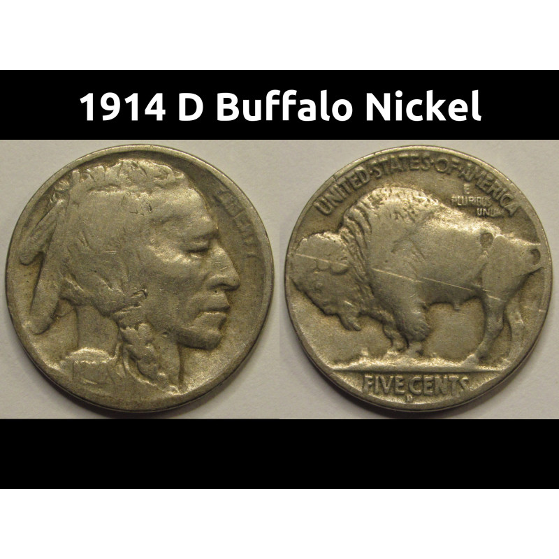 1914 D Buffalo Nickel - antique key date Denver mintmark five cent coin 1914 D Buffalo Nickel - antique key date Denver mintmark five cent coin