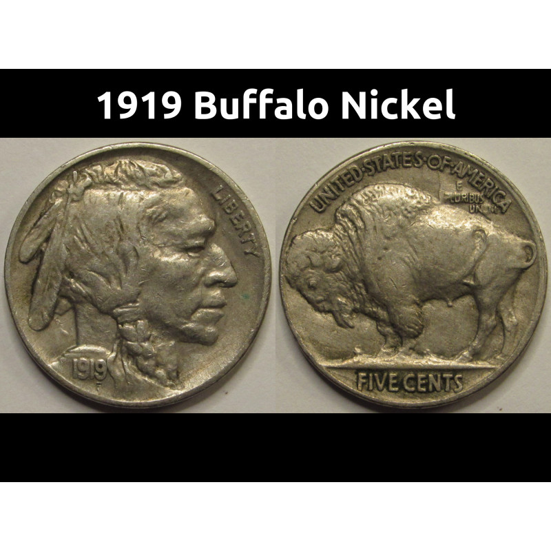 1919 Buffalo Nickel - higher grade antique American five cent coin 1919 Buffalo Nickel - higher grade antique American five cent coin
