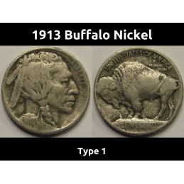 1913 Buffalo Nickel - Type 1 - antique first year of issue five cent coin with raised mound