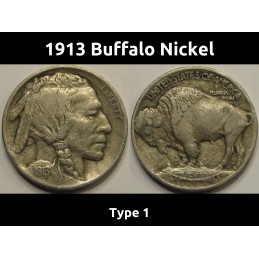 1913 Buffalo Nickel - Type 1 - antique well defined American five cent vintage coin