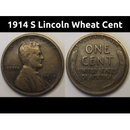 1914 S Lincoln Wheat Cent - antique San Francisco mintmark American penny