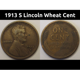 1913 S Lincoln Wheat Cent - antique San Francisco mintmark American wheat penny
