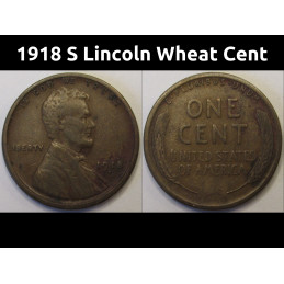 1918 S Lincoln Wheat Cent - vintage San Francisco mintmark wheat penny