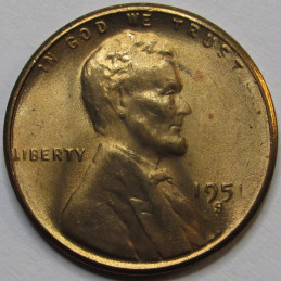 1951 S Lincoln Wheat Cent - uncirculated San Francisco mintmark antique wheat penny