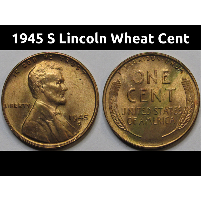 1945 S Lincoln Wheat Cent - antique San Francisco mintmark WW2 era American penny 1945 S Lincoln Wheat Cent - antique San Francisco mintmark WW2 era American penny