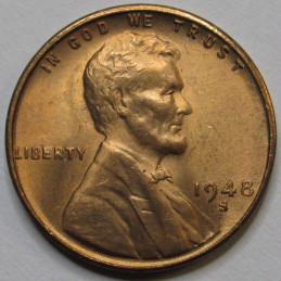 1948 S Lincoln Wheat Cent - antique San Francisco mintmark American uncirculated penny