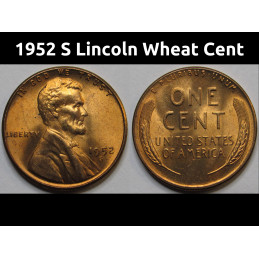 1952 S Lincoln Wheat Cent - antique San Francisco mintmark American wheat penny