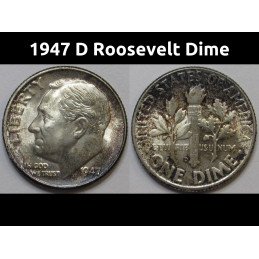 1947 D Roosevelt Dime - antique toned uncirculated American silver coin