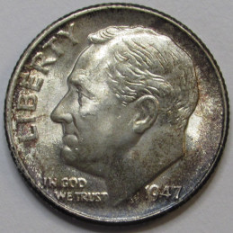 1947 D Roosevelt Dime - antique toned uncirculated American silver coin