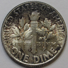 1947 D Roosevelt Dime - antique toned uncirculated American silver coin