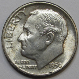 1950 D Roosevelt Dime - antique toned uncirculated silver dime
