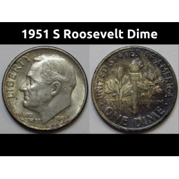 1951 S Roosevelt Dime - antique toned San Francisco mintmark silver dime