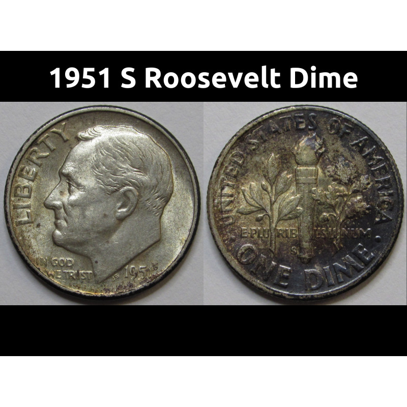 1951 S Roosevelt Dime - antique toned San Francisco mintmark silver dime 1951 S Roosevelt Dime - antique toned San Francisco mintmark silver dime