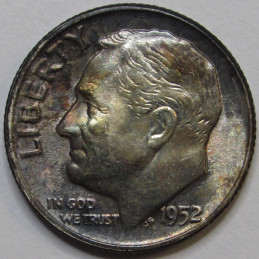 1952 Roosevelt Dime - antique uncirculated toned American silver dime