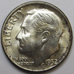 1952 D Roosevelt Dime - antique uncirculated toned American silver dime