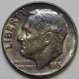 1953 Roosevelt Dime - antique toned American silver dime
