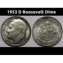 1953 D Roosevelt Dime - antique toned Denver mintmark American silver dime