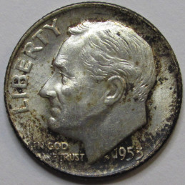 1953 D Roosevelt Dime - antique toned Denver mintmark American silver dime