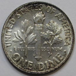 1953 D Roosevelt Dime - antique toned Denver mintmark American silver dime
