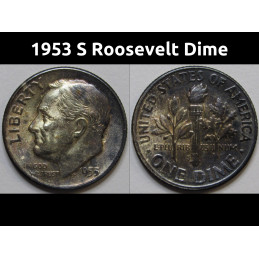 1953 S Roosevelt Dime - antique toned uncirculated American silver dime
