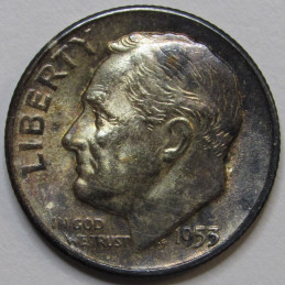 1953 S Roosevelt Dime - antique toned uncirculated American silver dime
