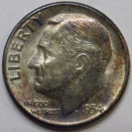 1954 Roosevelt Dime - antique toned American silver dime
