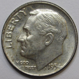 1954 D Roosevelt Dime - antique album toned American silver dime