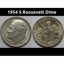 1954 S Roosevelt Dime - antique San Francisco mintmark American silver dime