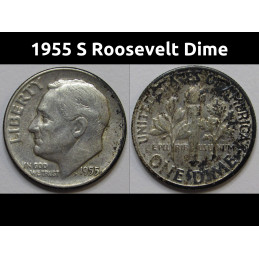 1955 S Roosevelt Dime - antique San Francisco mintmark album toned coin