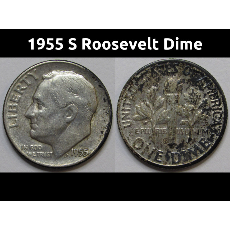 1955 S Roosevelt Dime - antique San Francisco mintmark album toned coin 1955 S Roosevelt Dime - antique San Francisco mintmark album toned coin