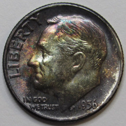1956 Roosevelt Dime - antique beautifully toned American silver dime