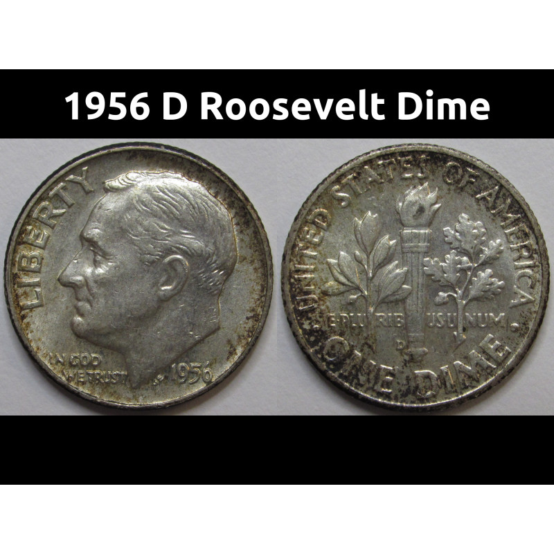 1956 D Roosevelt Dime - antique Denver mintmark uncirculated American dime 1956 D Roosevelt Dime - antique Denver mintmark uncirculated American dime