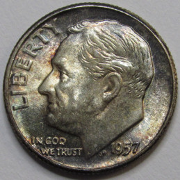 1957 Roosevelt Dime - antique silver dime with light album toning