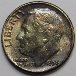 1958 Roosevelt Dime - antique toned American silver dime