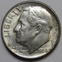 1958 D Roosevelt Dime - antique Denver mintmark American silver dime