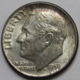 1959 D Roosevelt Dime - antique album toned American silver dime