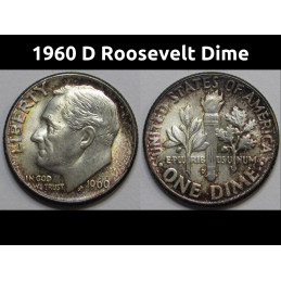 1960 D Roosevelt Dime - antique beautifully toned American silver dime