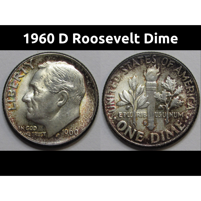 1960 D Roosevelt Dime - antique beautifully toned American silver dime 1960 D Roosevelt Dime - antique beautifully toned American silver dime